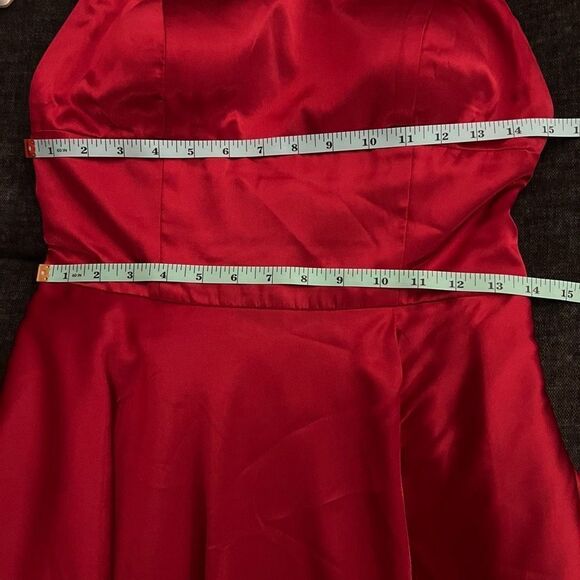 Betsy & Adam Criss Cross Back Spaghetti Strap Satin Gown - Picture 13 of 14